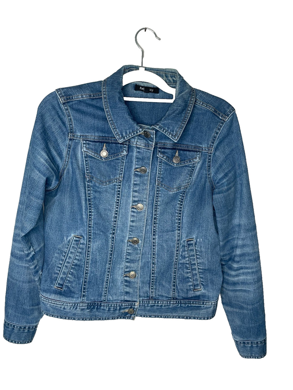 Distressed Relativity Womens Medium Denim Jean Jacket Light Wash Button Front